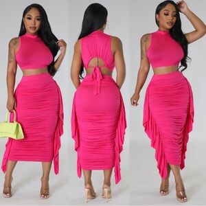 Elegant Pink Ruched Skirt Set